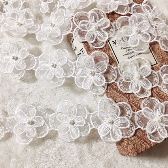 再入荷＊50cm単位 パール付き 立体 フラワー 花 オーガンジー 刺繍