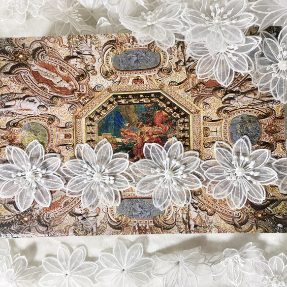 30cm単位(花4個) パール付き オーガンジー 刺繍 花 レースブレード モチーフ BK190710 ハンドメイド 3枚目の画像