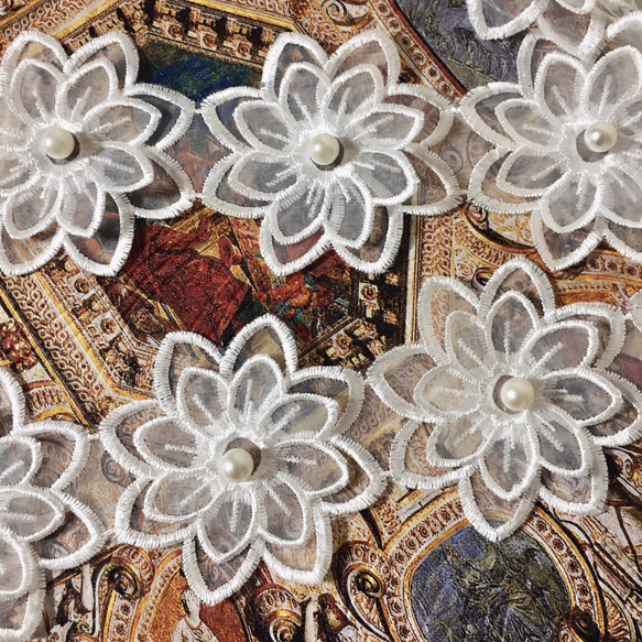 50cm単位 パール付き オーガンジー 刺繍 花 レースブレード モチーフ 白 BK190712 ハンドメイド 手芸 2枚目の画像