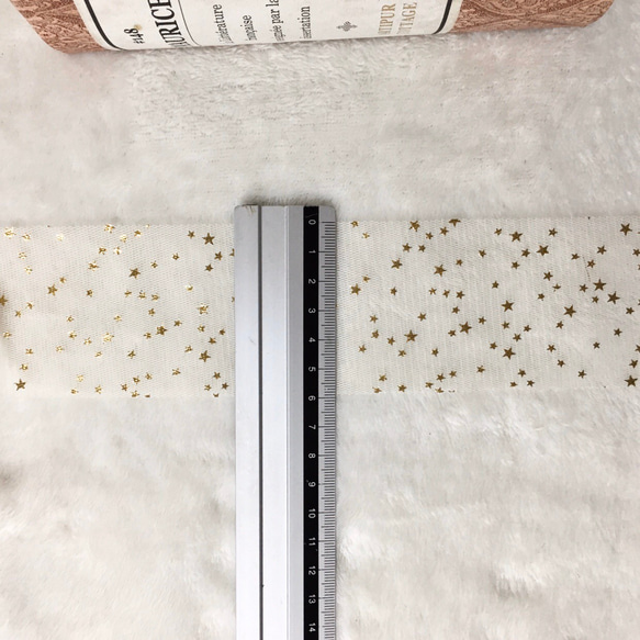 2m キラキラ 星柄プリント チュールリボン テープ ベージュ  BK191130 ハンドメイド 手芸 素材 材料 4枚目の画像