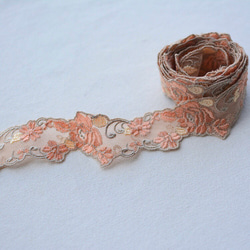 1m 綺麗 カラーフラワー刺繍チュールレース ブレード オレンジ系 BK1912010 ハンドメイド 手芸 素材 材料 2枚目の画像