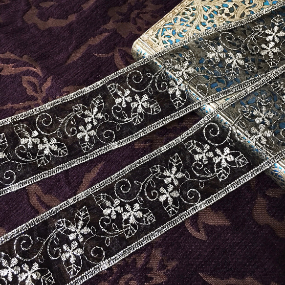1m 花 フラワー 銀糸刺繍オーガンジーブレード リボン テープ シルバー BK200220 ハンドメイド 手芸 1枚目の画像