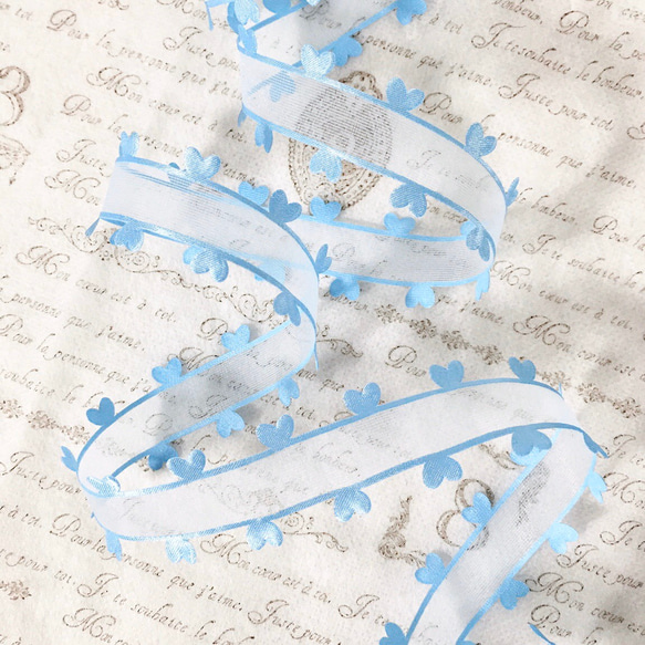 1m 可愛い ハート オーガンジー リボン テープ ブルー BK200421 ハンドメイド 手芸 素材 材料 1枚目の画像