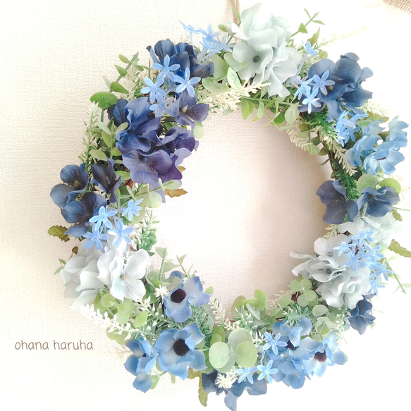 紫陽花 爽やかなブルーのリース サムシングブルー ウェディング 結婚お祝い シンプルver 3枚目の画像