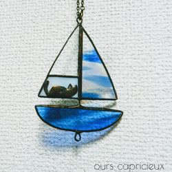 Stained Glass/2 way ヨットのウィンドチャイム 猫&肉球 4枚目の画像