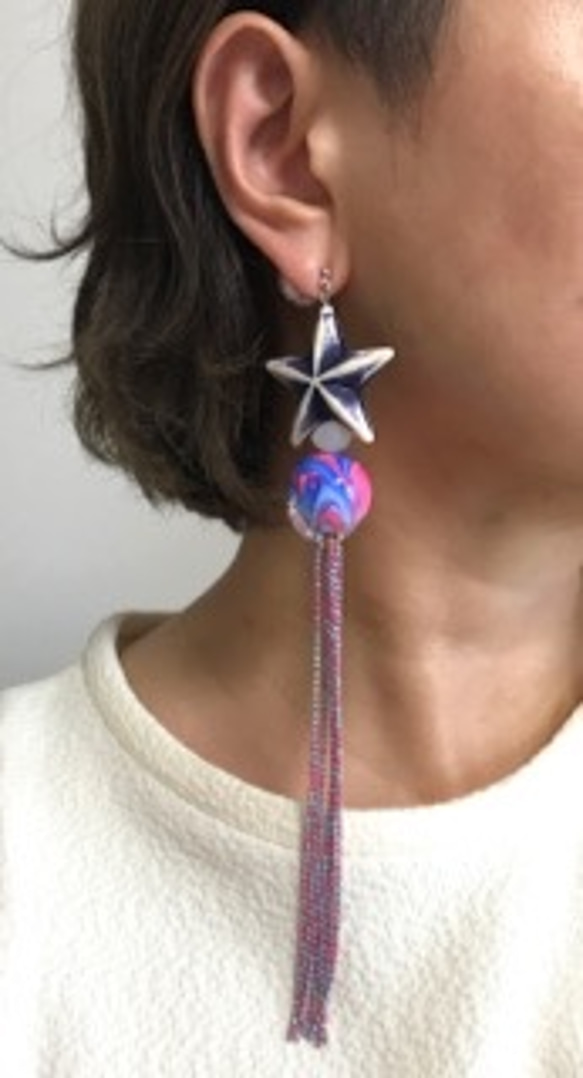 ☆大理石棉珍珠☆星光節一耳長耳環（粉紅色型） 第5張的照片