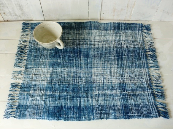 C7　藍の手紡ぎ綿　ミニフリークロス　手織り 1枚目の画像