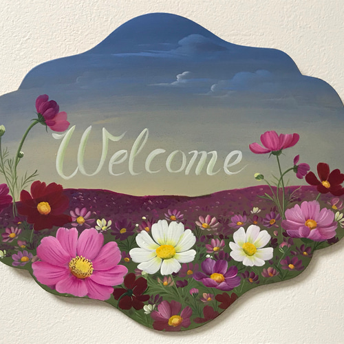 お値下げ‼️トールペイント薔薇とチョコレートコスモスと小花たちのリース、ミラー兼用 コスモスのウェルカムプレート(トールペイント) その他