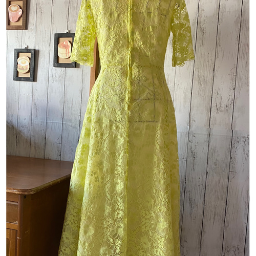 受注製作】ライムイエロー 総レース スカラップ イレヘムフレア ロング  