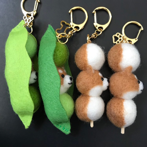 はんどわーくベーる 羊毛フェルト 柴だんご1点柴枝豆3点　4点セット 羊毛フェルト 豆柴 柴犬 黒柴 犬 芝生 ハンドメイド