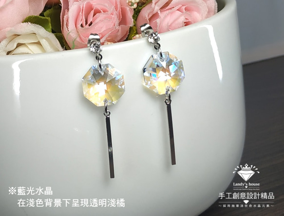 Landy House【手工創意設計精品】施華洛世奇元素SWAROVSKI~藍光八邊耳環 第2張的照片