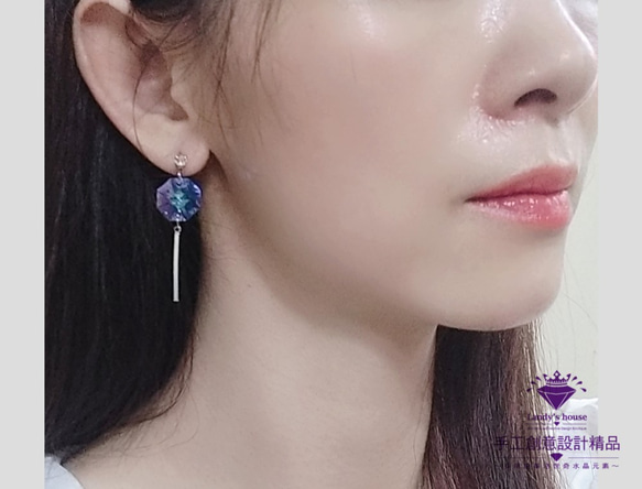 Landy House【手工創意設計精品】施華洛世奇元素SWAROVSKI~藍光八邊耳環 第3張的照片