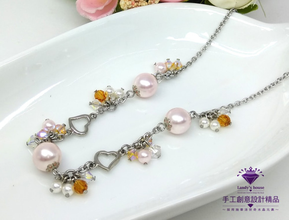 Landy House【手工創意設計精品】施華洛世奇元素SWAROVSKI~雪花粉紅珍珠項鍊 第1張的照片