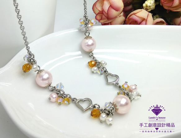 Landy House【手工創意設計精品】施華洛世奇元素SWAROVSKI~雪花粉紅珍珠項鍊 第2張的照片