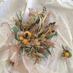 ブーケ,ブートニア&ヘッドパーツ3点セット/ゴールデンイエロー