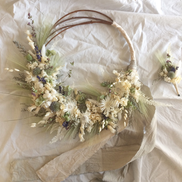 リースブーケ、ブートニア、ヘッドパーツの3点セット リースブーケブートニアベッドパーツ3点セット