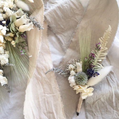 リースブーケ、ブートニア、ヘッドパーツの3点セット