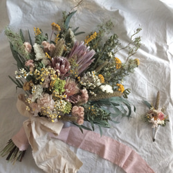 ドライフラワーブーケ、ブートニア、ヘッドパーツ3点セット/summer