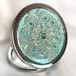 透かしパーツのコンパクトミラーPREMIUM mint blue 手鏡 SUGI Craft