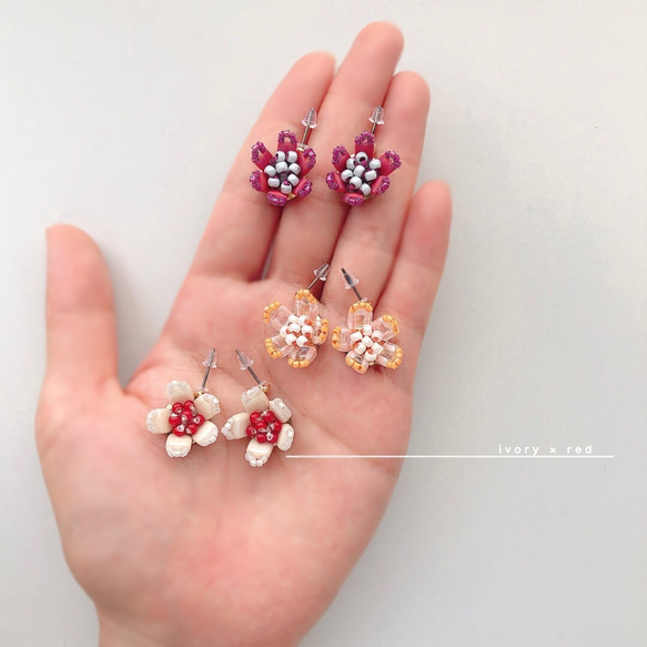 small flower (ivory×red)ピアス・イヤリング 6枚目の画像