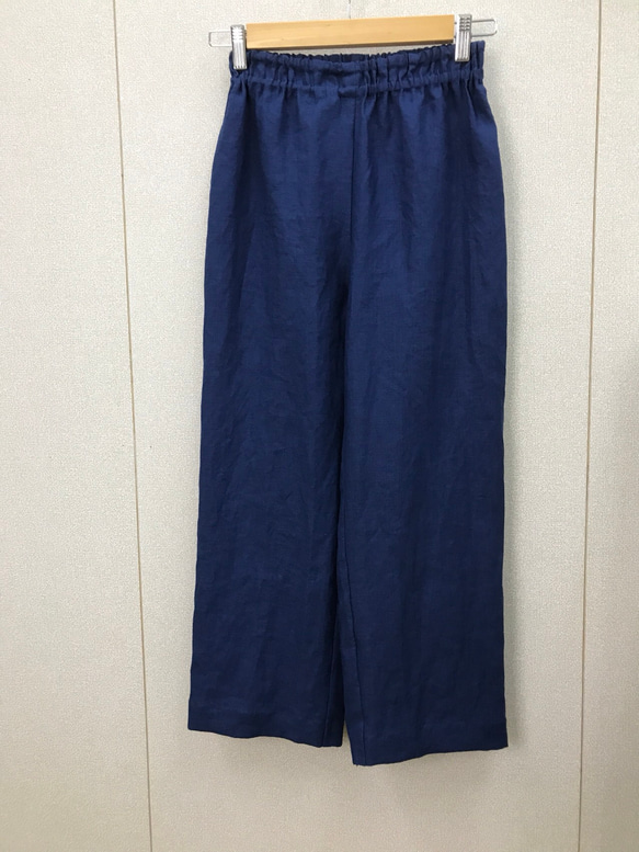 リネン 麻 ウエストゴム ワイド パンツ (明るい紺色) 2枚目の画像