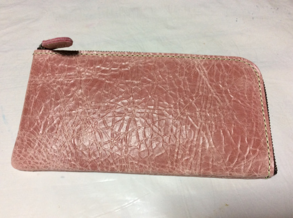 牛革良質素材：薄型絞りオイル加工LF長財布•桜ピンク色 1枚目の画像