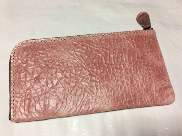 牛革良質素材：薄型絞りオイル加工LF長財布•桜ピンク色 2枚目の画像