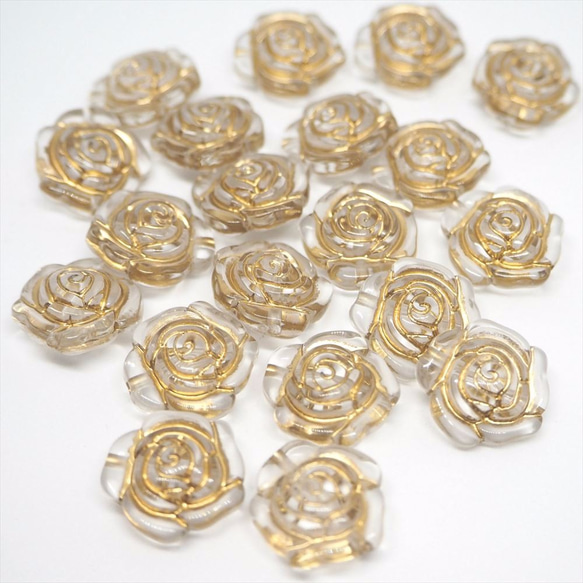 アンティーク調アクリルビーズ　15mm　6個　薔薇型ゴールドラインビーズ 1枚目の画像