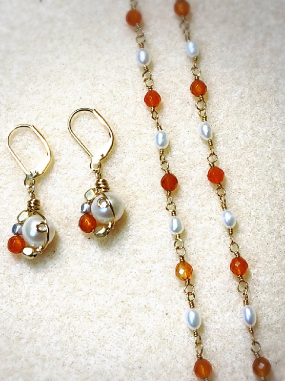 ☆セット☆ 淡水パールとカーネリアンのチョーカーネックレス & ピアス(イヤリング変更可)