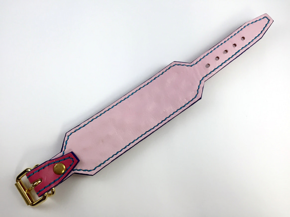 コニカルブレスレット　ピンク　ターコイズブルーステッチ　2×1 5枚目の画像