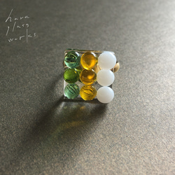 ガラスのデザートリング　グリーン&イエロー&ホワイト　アレルギー対応サージカルステレスリング　ゴールド 9枚目の画像