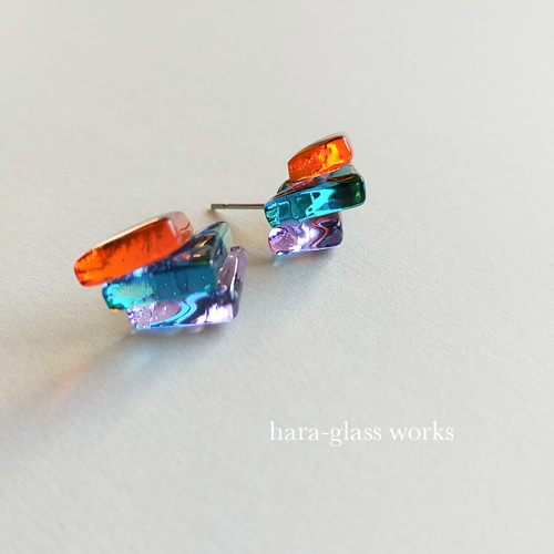 ガラスの立山連峰 夕日 オレンジ＆マリンブルー＆ラベンダー ピアス