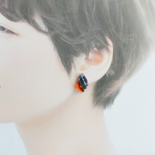 ガラスの立山連峰 夕日 オレンジ＆マリンブルー＆ラベンダー ピアス