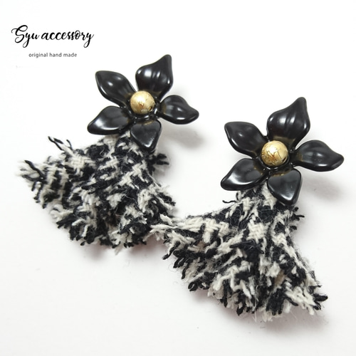 2way 大人かわいい グレンチェック 花 フリンジ 大ぶり ピアス 