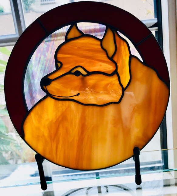 ステンドグラス ワンプレート ポメラニアン スタンド,照明付き 愛犬を