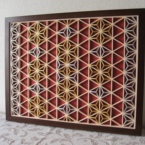 組子アートパネル 【緋色に金の雫】 和風インテリアパネル