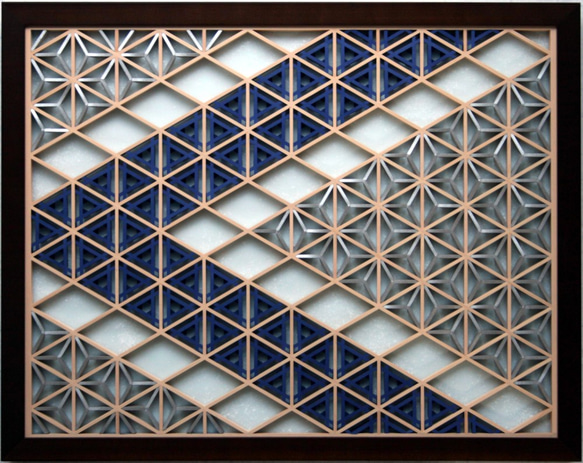 組子デザインアート④ 楽天市場】和モダン アートパネル 【組子色彩葉 青に銀の矢型1号