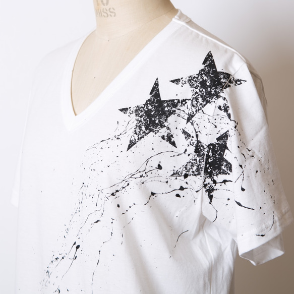 星プリント ホワイト Tシャツ Men's高蔵染Vネック星柄Tシャツ Tシャツ cil 通販 3308367｜Creema