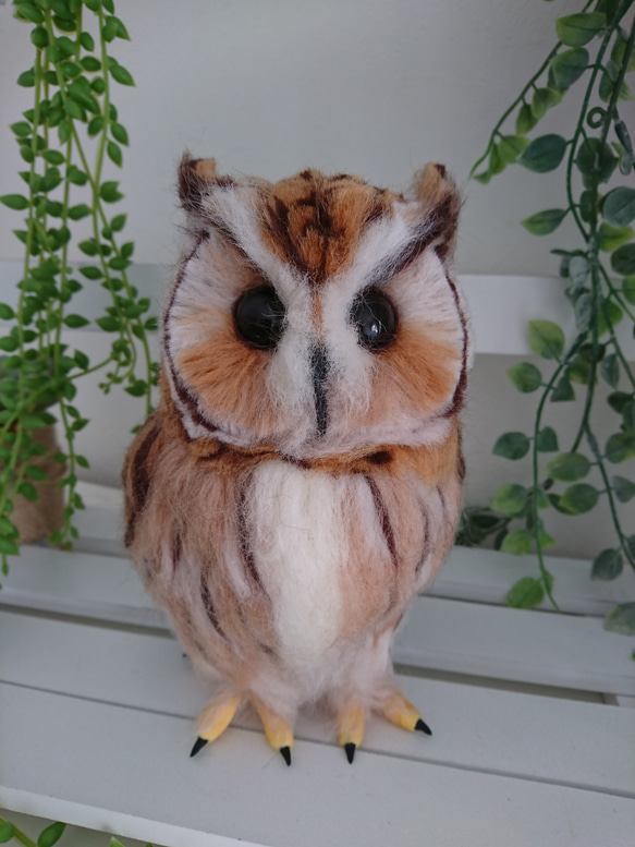 羊毛フェルト製ウサギフクロウぬいぐるみ(置物) 羊毛フェルト max910