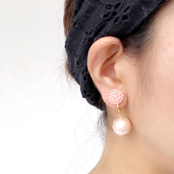 Tubu-Tubu &amp; 棉珍珠耳環/耳環（粉紅色） 第2張的照片