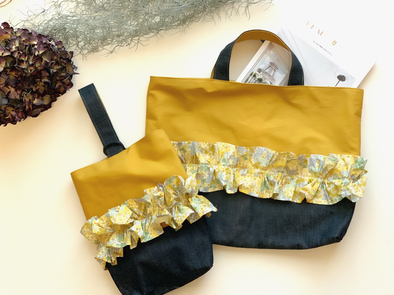 【受注製作】ご入園ご入学に♪おてんばgirlの花柄×デニムフリルレッスンバッグ2点セット