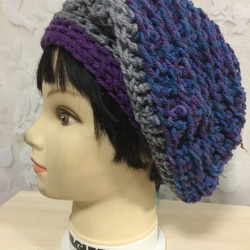 紫、グレーの3層切り替えニットベレー帽╰(*´︶`*)╯♡ふわっと可愛い☆ 1枚目の画像