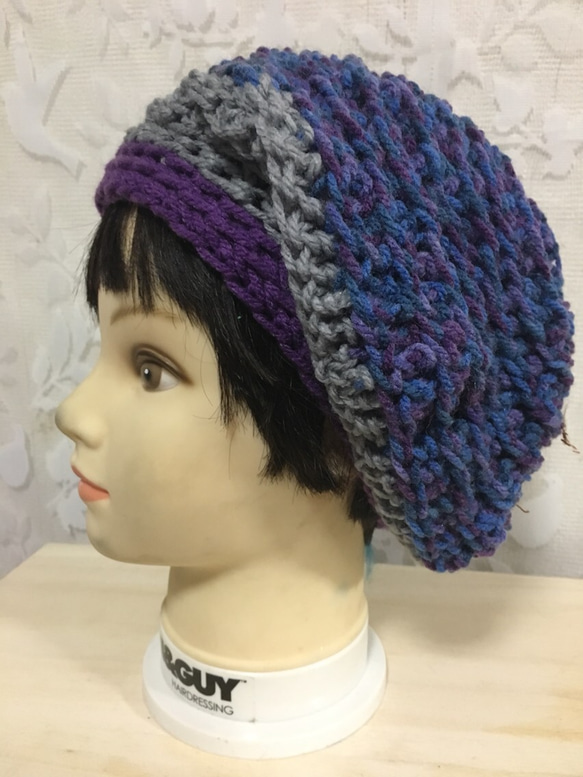 紫、グレーの3層切り替えニットベレー帽╰(*´︶`*)╯♡ふわっと可愛い☆ 1枚目の画像