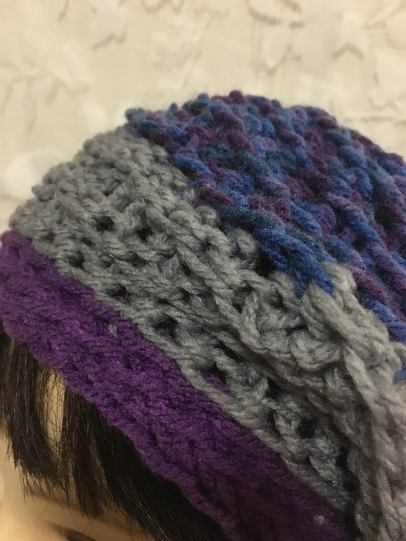 紫、グレーの3層切り替えニットベレー帽╰(*´︶`*)╯♡ふわっと可愛い☆ 2枚目の画像