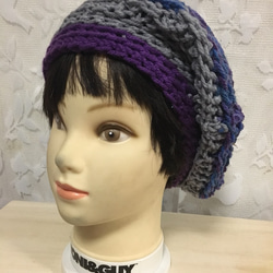 紫、グレーの3層切り替えニットベレー帽╰(*´︶`*)╯♡ふわっと可愛い☆ 3枚目の画像