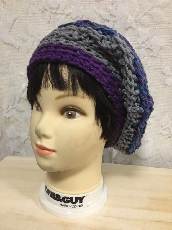 紫、グレーの3層切り替えニットベレー帽╰(*´︶`*)╯♡ふわっと可愛い☆ 3枚目の画像