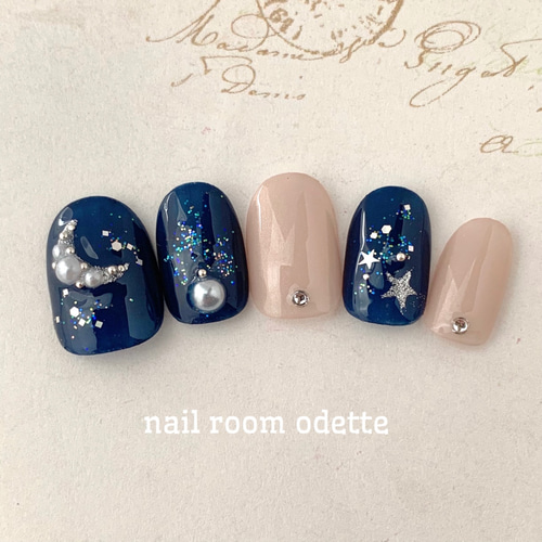 ネイルチップ 茄子紺×シャンパンギャラクシーネイル ラメホロシルバー