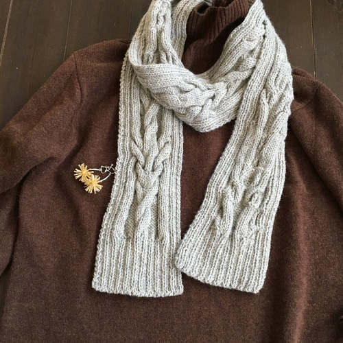 ハンドメイド アラン模様マフラー ライトグレー 手編み ウール
