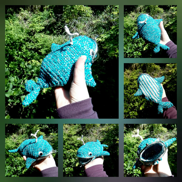 あみぐるみっぽい？クジラがま口　てのひらサイズ【手編み一点物】 4枚目の画像