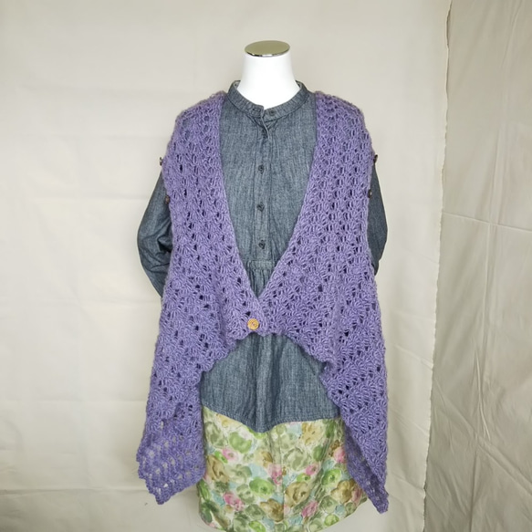 紫の2wayストール【手編み一点物】 2枚目の画像
